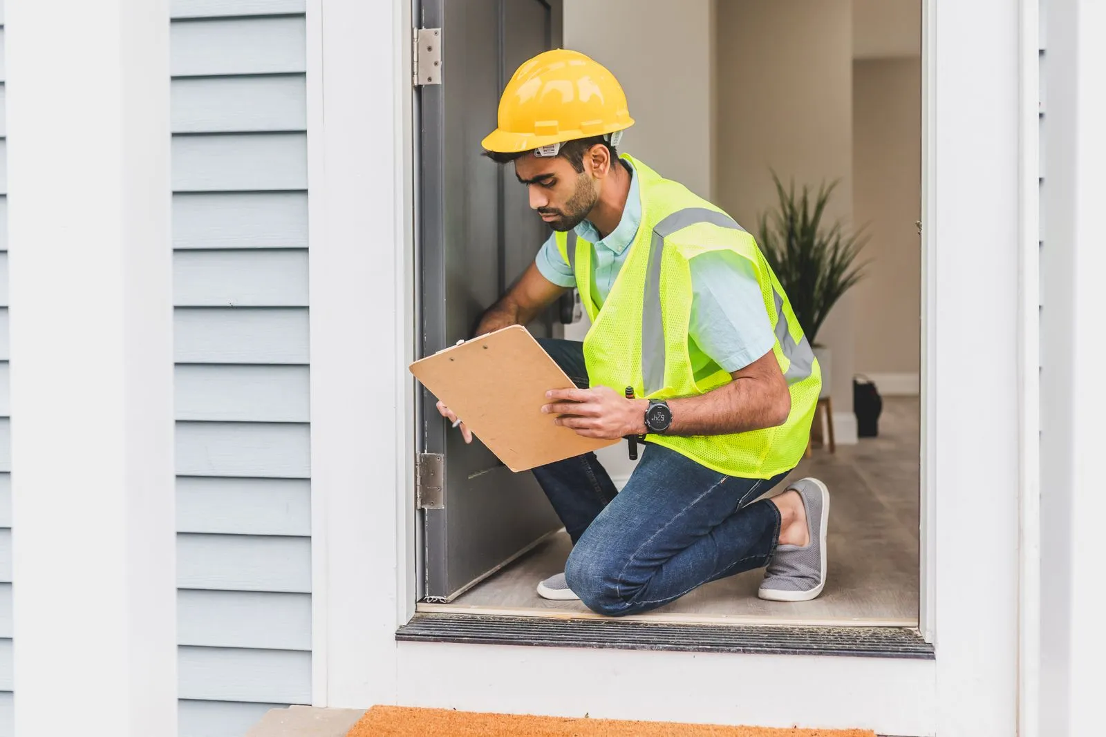 An inspector in a hard hat and safety vest kneels in a doorway, taking notes on a clipboard